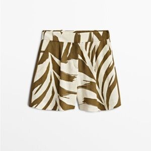Massimo Dutti Bermuda Shorts Pleated Linen Brown Off White Palm Botanical NWT 10